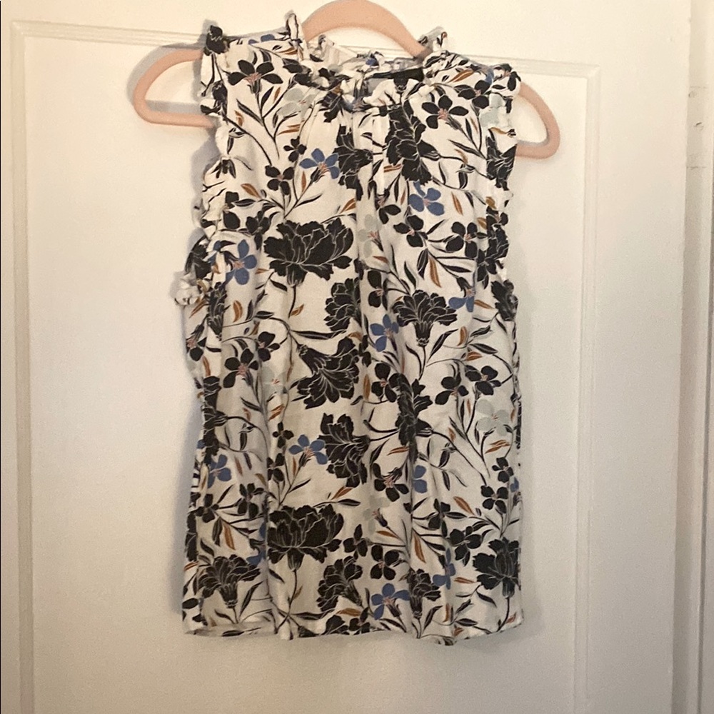 Ann Taylor Blue and White Ruffled Sleeveless Blouse